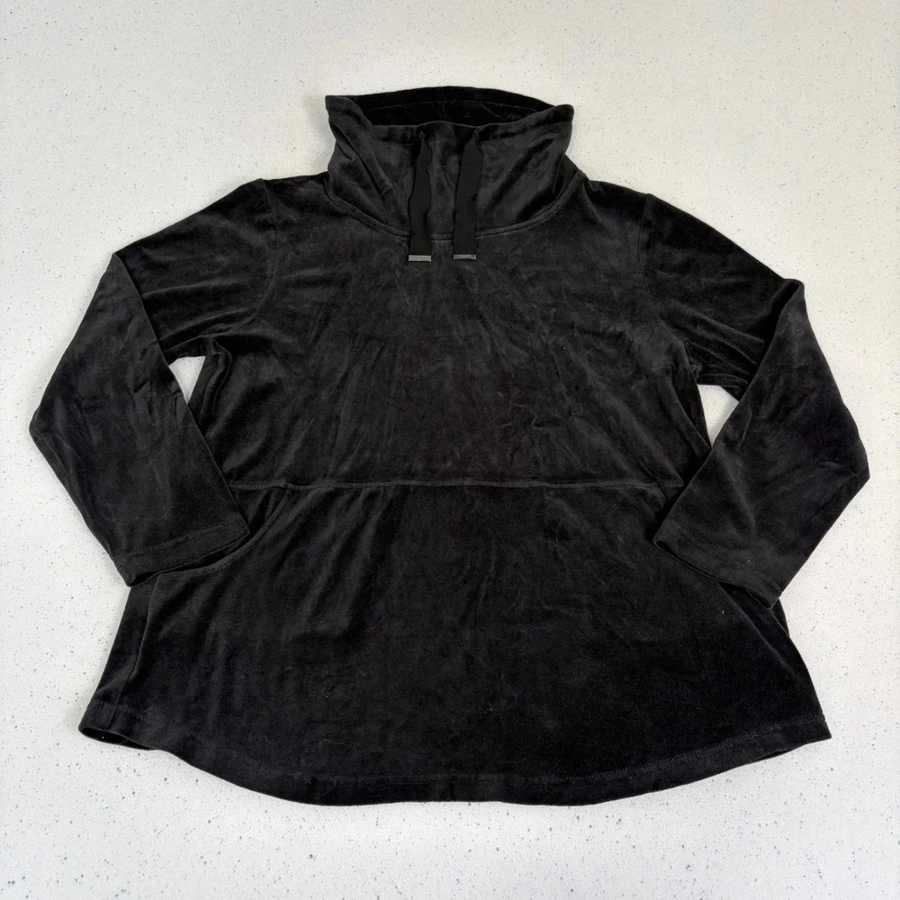 Chico's Zenergy Black‎ Velour Cowl Neck Tunic Pullover Kangaroo Pocket  Sz 12/14